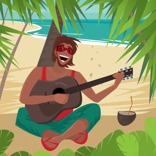 Guy sitting on a beach, plays guitar and sings — Stock Vector