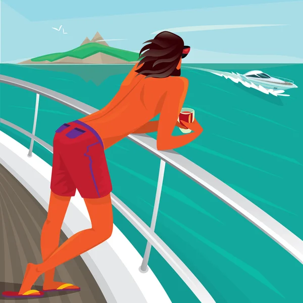 Homme admirant la vue debout sur le pont du yacht — Image vectorielle