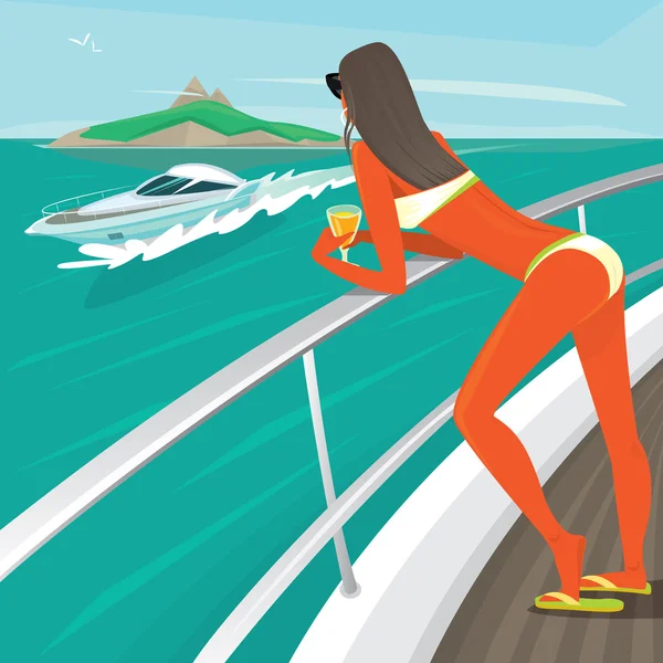 Girl in a swimsuit sunbathes standing on yacht deck — Stock Vector