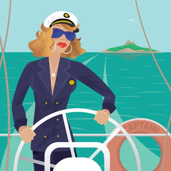 Sea captain female on the deck with ships steering wheel — Stock Vector