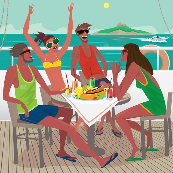 Vrienden eten ontbijt op het dek van een schip — Stockvector