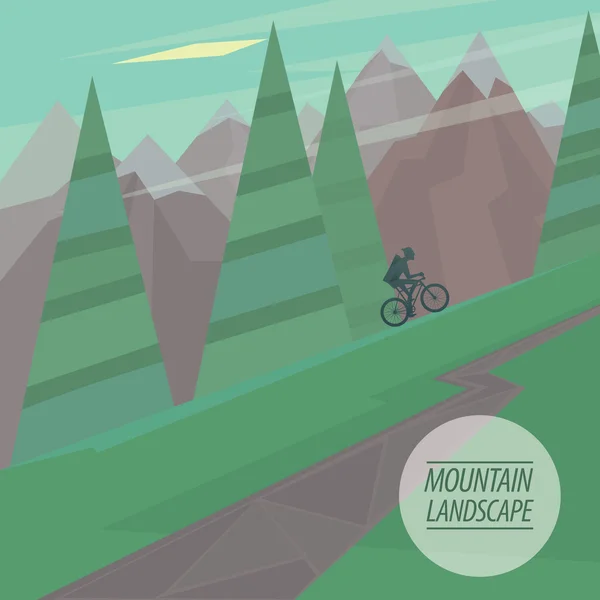 Datar lanskap gunung dengan lereng curam, pohon dan pengendara sepeda berkuda - Stok Vektor