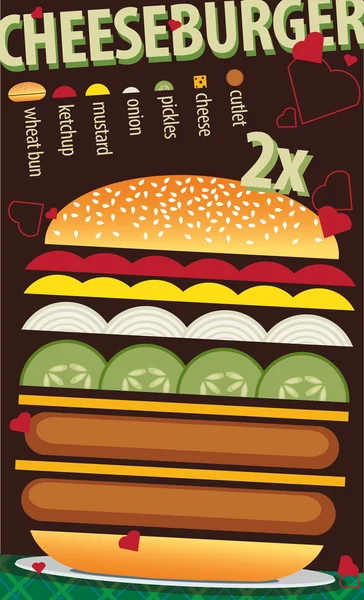 Tasty big cheeseburger with recipe — Stock Vector