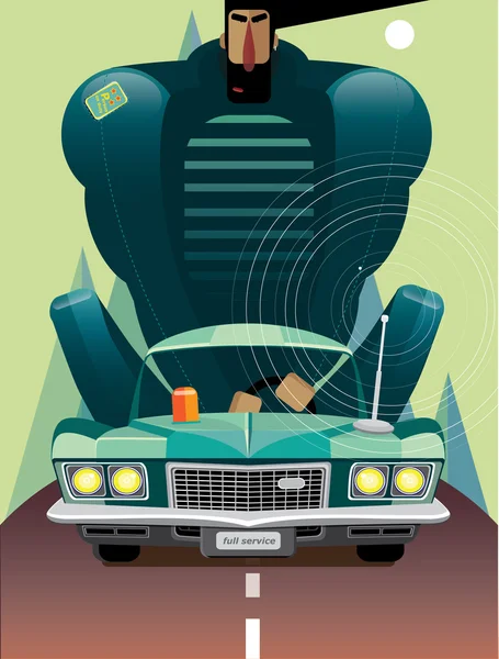 Hombre en coche en las montañas — Vector de stock