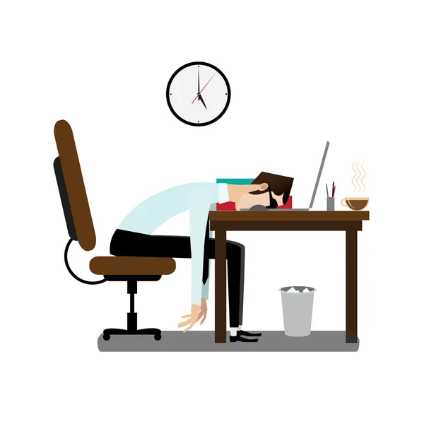 Tired office man sleeping at desk — Stock Vector