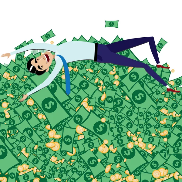 Boldog üzletember feküdt a nagy vödör, pénz — Stock Vector