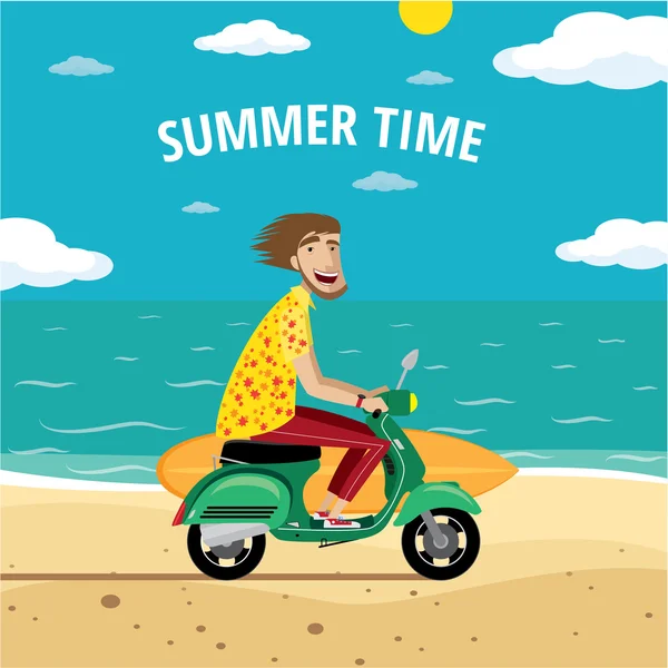 Junger Mann auf Motorroller auf Sommerzeit — Stockvektor