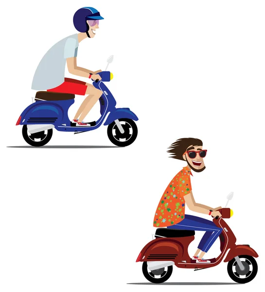 Young men on scooters isolated white — Stock Vector