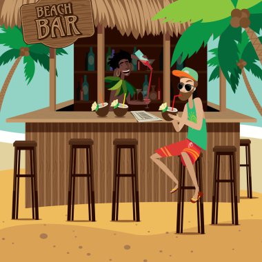 Man at beach bar drinks exotic cocktail
