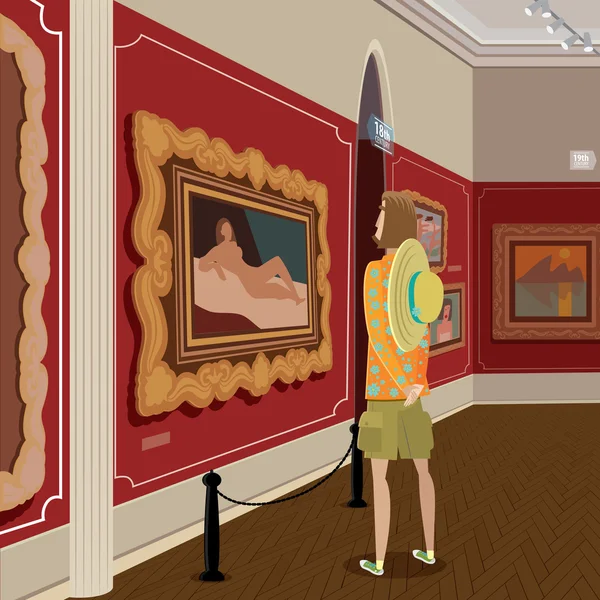 Турист у картинній галереї — стоковий вектор