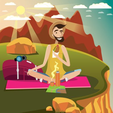 Backpacker rests on a grassland in the mountains clipart