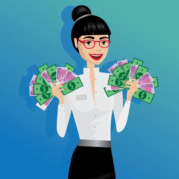 Business woman holding lot of money — Stock Vector