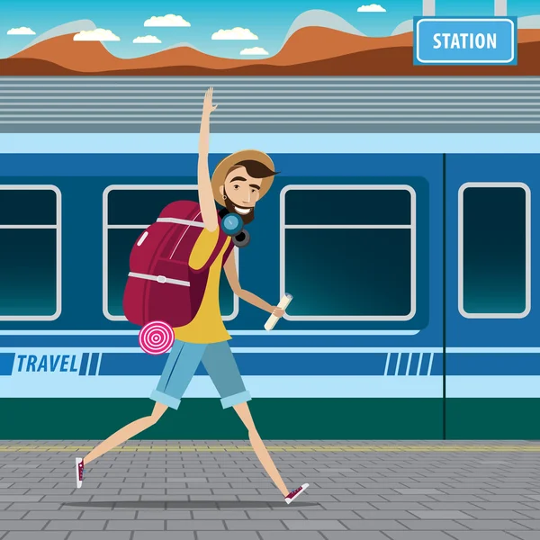 Backpacker at the railway station — Stock Vector