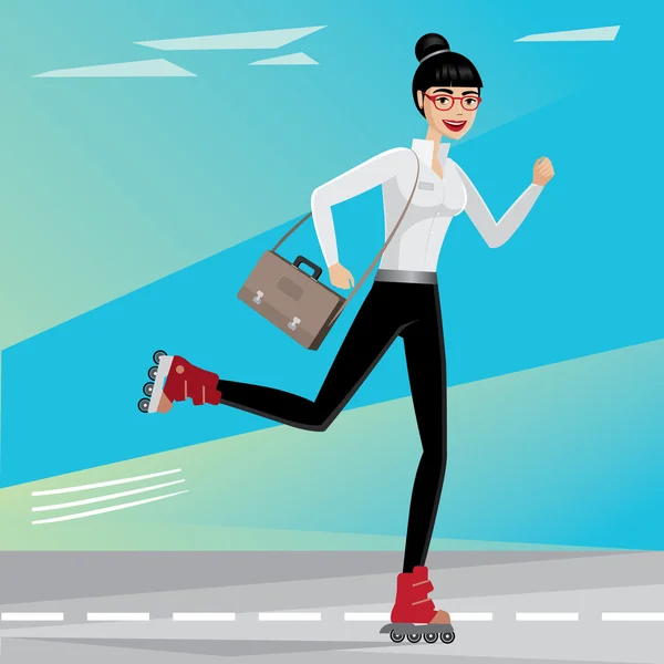 Mujer de negocios monta en patines — Vector de stock