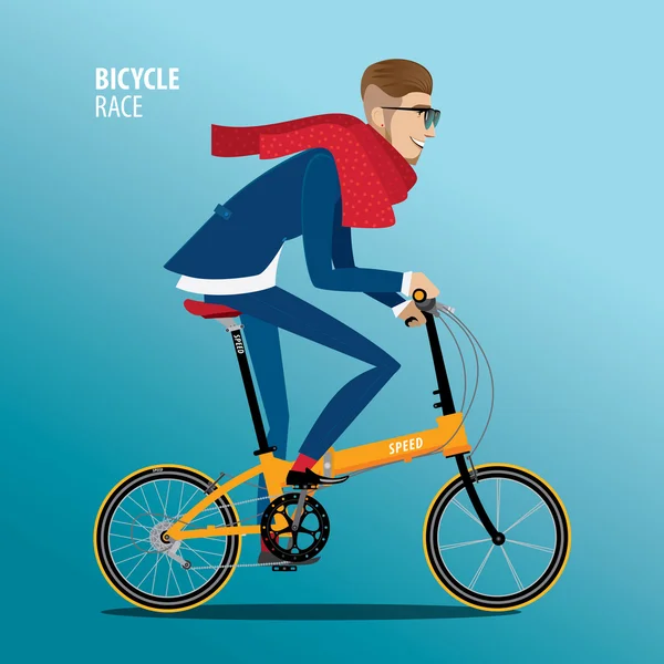 Paseos de hombre de moda en una bicicleta plegable — Vector de stock