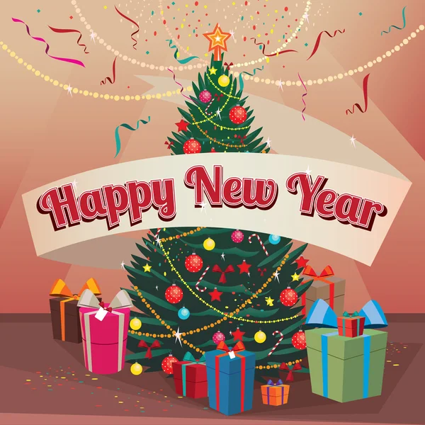 Šťastný nový rok vánoční stromek a dárky doma — Stockový vektor