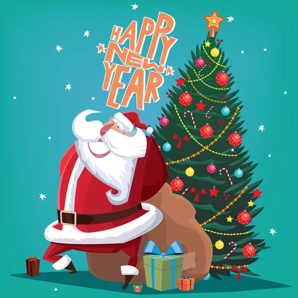 Felice anno nuovo rosso Babbo Natale con abete rosso — Vettoriale Stock