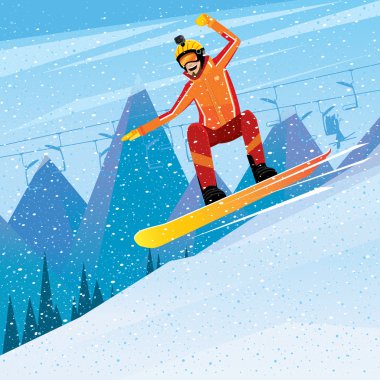 Bir snowboard dağda üzerinden iniş
