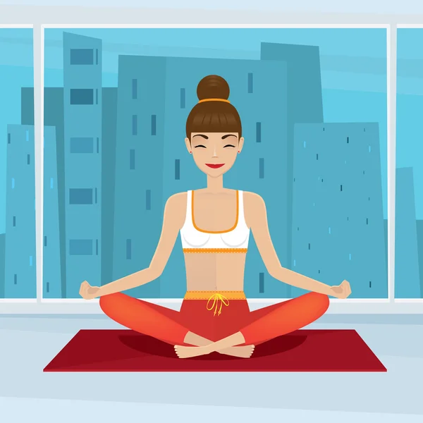 Girl sitting in yoga pose siddhasana near panoramic window — Stock Vector