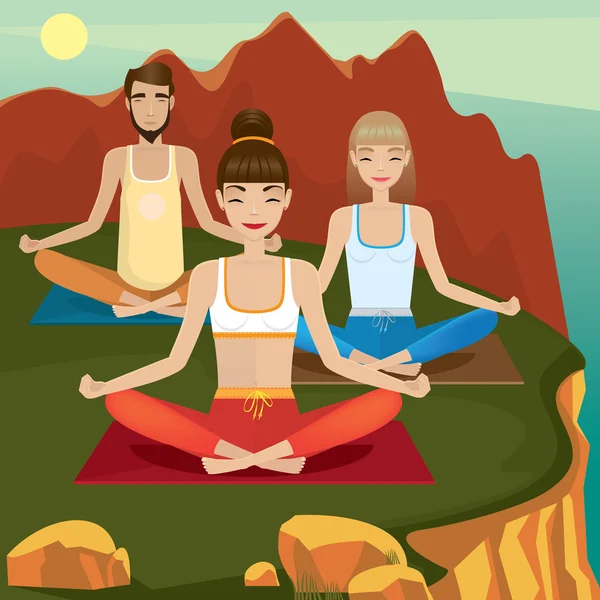 Practican yoga al aire libre — Vector de stock