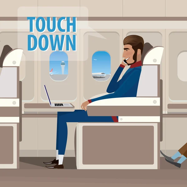 Hombre diciendo por teléfono sobre el aterrizaje de aviones — Vector de stock