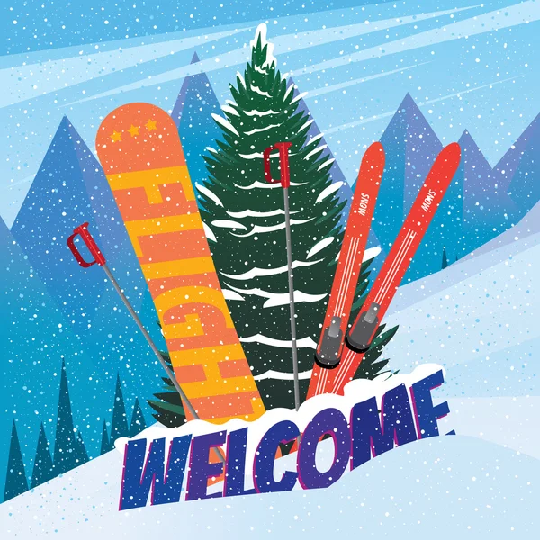 Steile helling met sportartikelen met sneeuw en boom — Stockvector