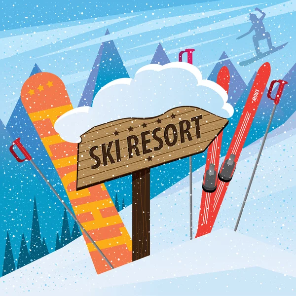 Śniegiem stoku z nart, snowboardów i napis — Wektor stockowy