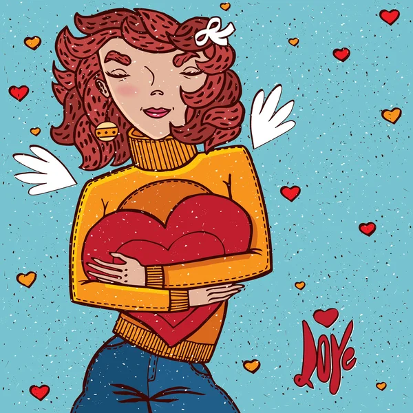 Chica abraza corazón — Vector de stock