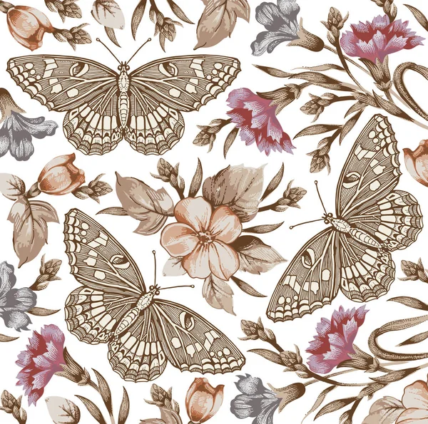 Butterflies moths insects animals fly. Apple Carnation baroque textile. Beautiful pink red realistic flowers. Vintage background. Wallpaper tapestry. Wildflowers Floral. Vector victorian Illustration