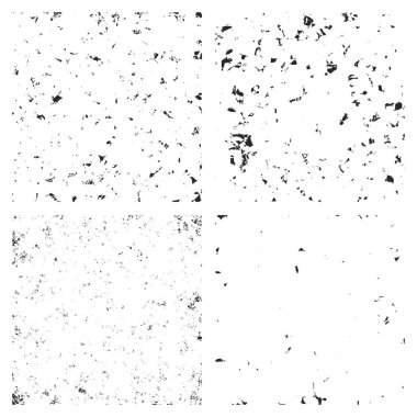 Soyut kentsel grunge geçmişlerinin vektör seti. Beyaz arka planda küçük siyah noktaların dağılması. Kaba dokulu yüzeyin etkisi. Alçı darbeleri, kirli duvarlar.