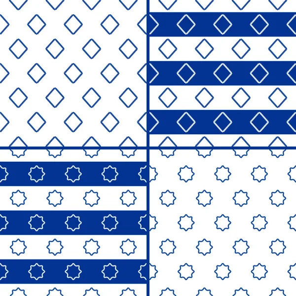 Vector Set Seamless Repeating Geometric Patterns Marine Style Blue White — Stock Vector