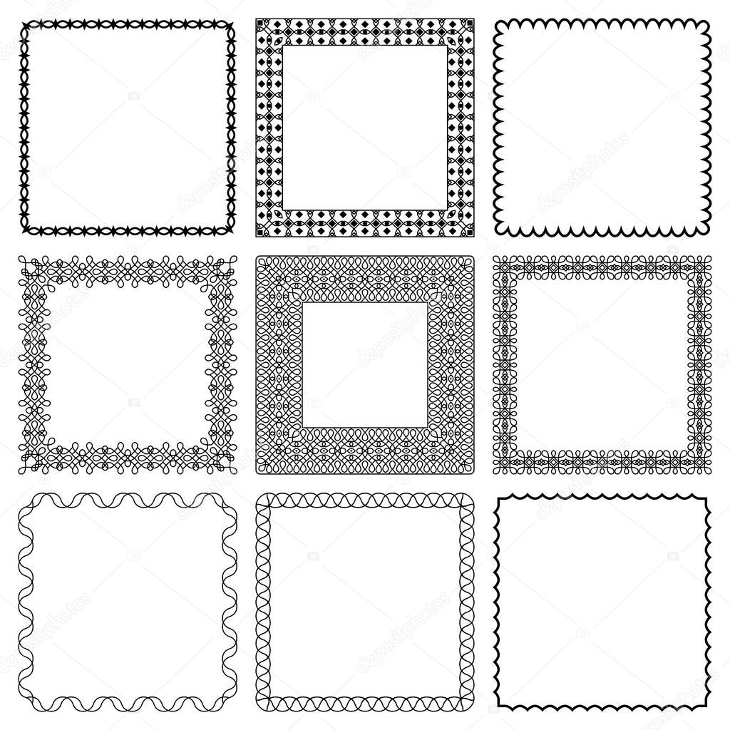 Vector set of square frames from braided lines. Group of elegant modern linear twisted ropes monochrome pattern for design greeting cards, wedding cards, social media, posters, banners, invitation