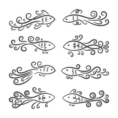Vektör dekoratif soyut balık seti. Beyaz arka planda izole edilmiş siyah, zarif, tek renkli siluet koleksiyonu. Deniz tarzında sanat örnekleri yaratmak için.