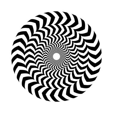 Vektör çizimi. Optik ses yanılsaması. Yuvarlak çizgili geometrik desen, beyaz arka planda izole edilmiş, başka dairelere yerleştirilmiş. Dekorasyon için, tasarım fütürist minimalist tarzda