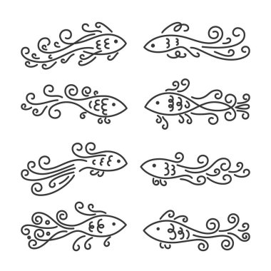 Beyaz arka planda doğrusal siyah balık siluetleri. Kıvrımlı, deniz stili tasarım için soyut dekoratif ana hatlı balık. Dosyada, doldurulmuş ve okşanmış katmanlar