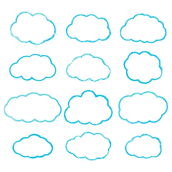 Beyaz arka planda izole edilmiş açık mavi desenli grunge bulutlarının vektör koleksiyonu. Düz olmayan yırtık kenarları fırçayla boyanmış kabarık bir bulutun soyut ana hatları. Çizgi film biçimi