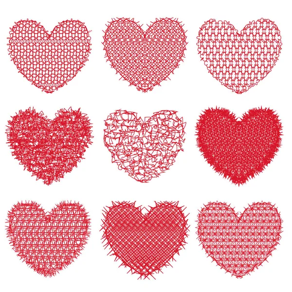 Set Red Hearts Design Decoration White Background Imitation Knitting Lace — Stock Vector