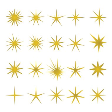 Beyaz arka planda izole edilmiş altın kıvılcımlar ve elementlerin ve sembollerin vektör çizimi. Yıldızlar, alevler ve altın ışık efektleri.