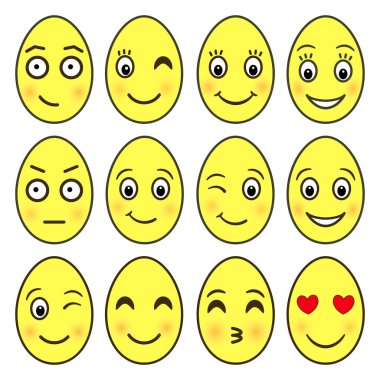 Beyaz arka planda izole edilmiş sarı paskalya yumurtası şeklinde vektör emoji koleksiyonu. Hoş, düz çizgi film tarzı afişler, el ilanları ve çıkartmalar için komik, iyi karakter simgeleri.