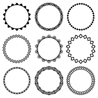 Doğu tarzında zarif ince ve dar çerçevelerin vektör kümesi. Sofra eşyaları, davetiyeler ve kartlar için dekorasyon ve tasarım için stilize edilmiş çiçek ve doğu geleneksel süsü ile yuvarlak çerçeve