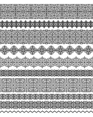 Çerçeveler, yatılılar, bölücüler, şeritler, kurdeleler için doğu motiflerinde pürüzsüz fırçalar. Kutlama kartları, sertifikalar, davetiyeler, dekorasyon ve tasarım için geleneksel doğu süsü.