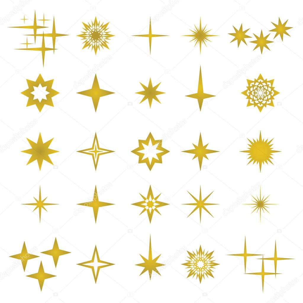 Vector illustration of golden sparks and sparks elements and symbols isolated on white background. The set of stars, flares, golden flash effects and explosion