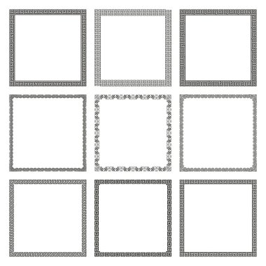 Geometrik antik Yunan süsüsüyle kare çerçeveler. Zarif doğrusal kenarların bir koleksiyonu. Sosyal medya tasarımı, poster, davetiye, web afişi, tebrik kartı deseni