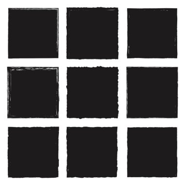 Beyaz arkaplanda izole edilmiş vektör kare grunge düz siyah etiketler. Mürekkep fırçasıyla çizilmiş pürüzlü kenarları olan bir grup boş etiket. Kağıt, pankart tasarımı, broşür basmak için