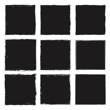 Beyaz arkaplanda izole edilmiş vektör kare grunge düz siyah etiketler. Mürekkep fırçasıyla çizilmiş pürüzlü kenarları olan boş etiketler koleksiyonu. Kağıt, tasarım afişleri, el ilanları basmak için.