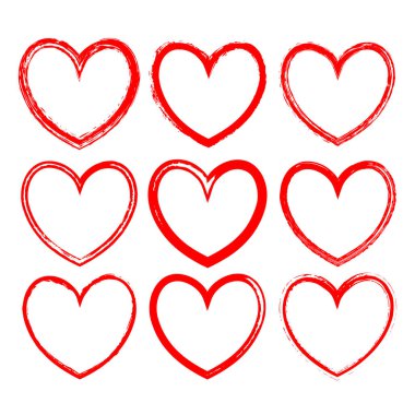 Beyaz arkaplana kırmızı mürekkeple çizilmiş vektör kalp şekilli çerçeveler. Karmaşık grunge kenarlı romantik çerçeveler ve Sevgililer Günü tasarımı için mürekkepli desen, selamlama için dekorasyon, düğün kartları.