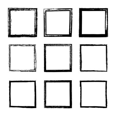 Beyaz arkaplanda siyah mürekkep fırçalarıyla çizilmiş vektör kare çerçeveler ve sınırlar. Sert grunge kenarlı bir çerçeve koleksiyonu. Kirli, sıkıntılı siluetler 