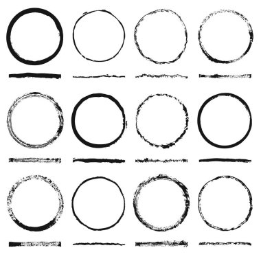 Yuvarlak çerçevelerin vektör kümesi özensiz şekil ve doku elle çizilmiş mürekkep lekeleriyle grunge fırçaları yaptı. Beyaz arkaplanda siyah renkli çerçeveler izole edildi. Fırça dosyaya dahil