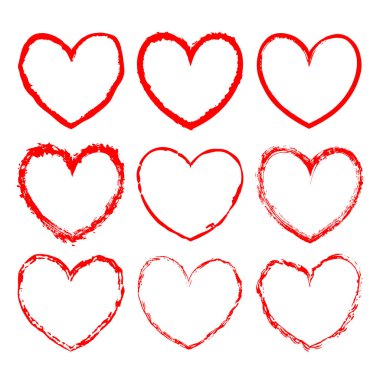 Beyaz arkaplana kırmızı mürekkeple çizilmiş vektör kalp şekilli çerçeveler. Düzensiz çirkin kenarları olan romantik çerçeveler, Sevgililer Günü tasarımı için mürekkep gibi desen, selamlaşma için dekorasyon, düğün kartı.