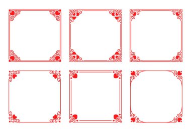 Kalpli, gösterişli, klasik sanat deco tarzında kıvrımlı kırmızı kare çerçeveler. Dekorasyon için şık bir süs, düğün davetiyesi tasarımı, Sevgililer Günü için romantik tebrik kartı.